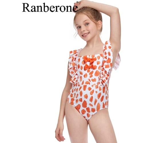 Ranberone Girls Swimsuit New 2021 Printed Swimming Suits Child Ruffle Bikinis One Piece Set Sport Push Up Beachwear