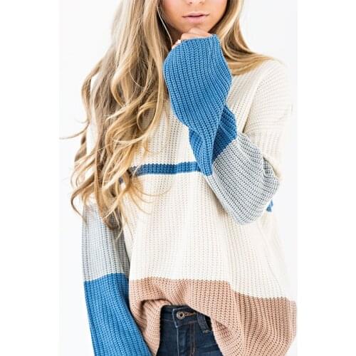 Loose Striped Sweater Women Pullover 2020 Autumn Winter Blue Color Block Sweater Jumpers Knit Ladies Sweaters Pull Femme