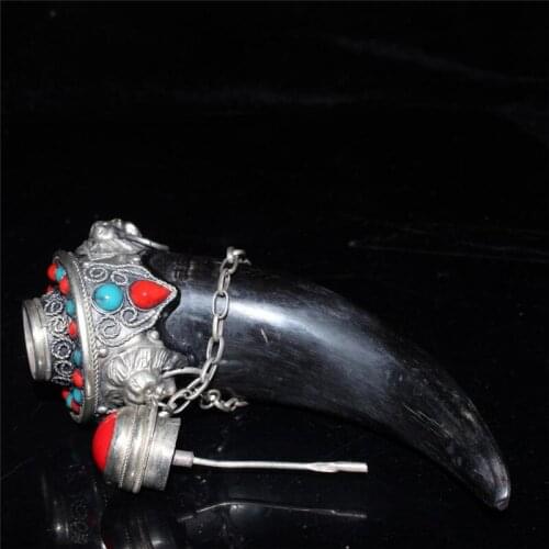 Handmade Silver Natural Turquoise Inlaid Niujiao snuff bottle, with fine workmanship and family collection