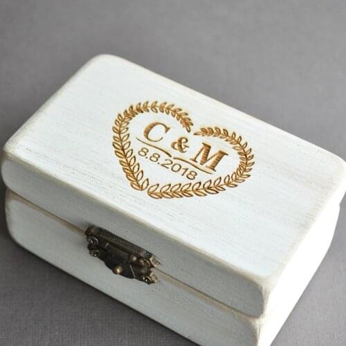 Vintage White Custom Wedding Box Wooden Ring Bearer Box, Shabby Chic Wedding Ring Box Engraved Ring Holder Proposal Ring Box