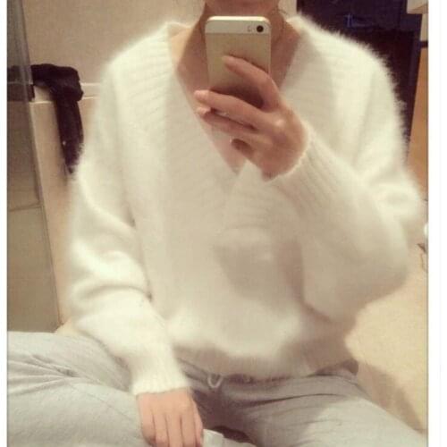 Sexy long hair mink in autumn and winter Korean version white big V Neck slim fit and versatile thin sweet sweater woman