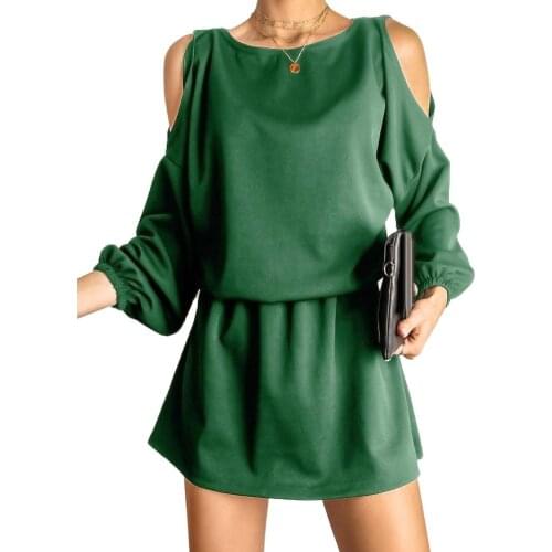 Hot 2020 Women Summer Dress Women Solid Color Long Sleeve Elastic Cuff Waist Tight Cold Shoulder Mini Dress Party Dress Vestidos