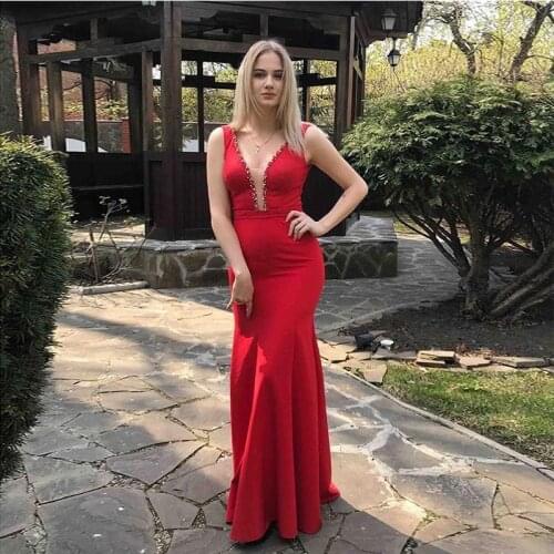 Sexy Mermaid Long Vestido De Noite V-neck Sleeveless Full Length Red Evening Dresses Beaded Lace Women Formal Party Gowns