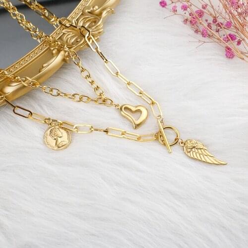 Womens Vintage Multilayer Coin Chain Necklace Portrait Love Angel Wing Necklace Layered Necklace Stainless Steel Jewelry Gift