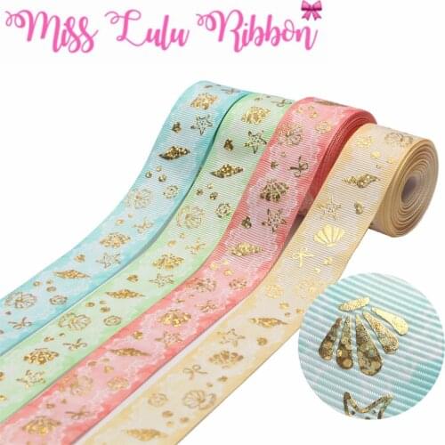 1"25mm Hologram Gold Foil Shell Starfish Lace Printed Grosgrain Ribbon Heart DIY Hair Bowknots Gift Packing 50yards/roll