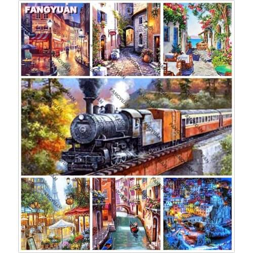 5D Full Drill Vintage Train Diamond Painting Art City Landscape Diy Diamond Embroidery Mosaic Kits Home Decoration Accessories
