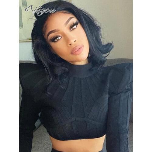 Ailigou 2021 New Chic And Gorgeous Jacquard Striped Stitching Design Long-Sleeved Celebrity Party Club Bandage Short Top