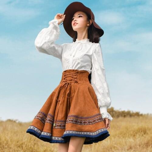 Free Shipping Boshow 2020 Fashion Mini Short Skirt For Women Embroidery National Trend Suede Skirt Spring And Autumn High Waist