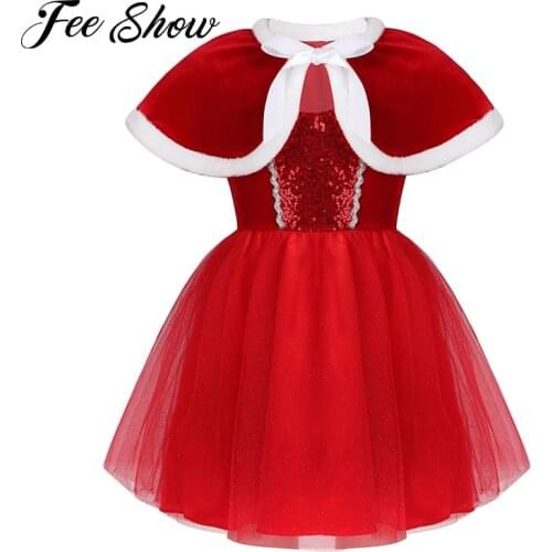 Kids Girls Christmas Costume Shiny Sequin Mesh Tutu Ballet Figure Skating Dress with Capelet Stage Performance Dancewear