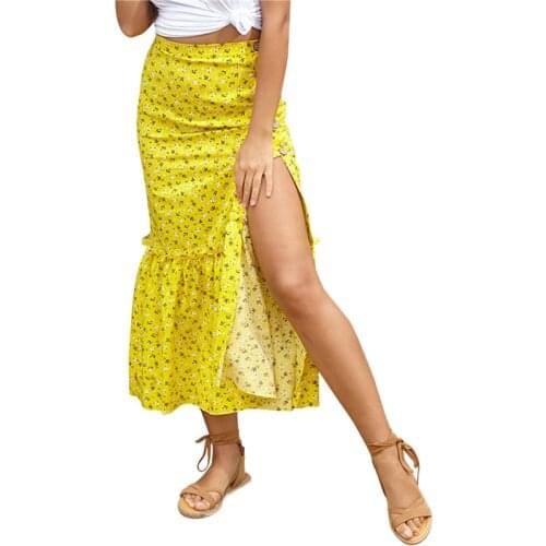 Women Floral/ Leaves Printed Pattern Skirt Sexy High Waist Split Dresslong Skir Summer Slim Midi Skirt