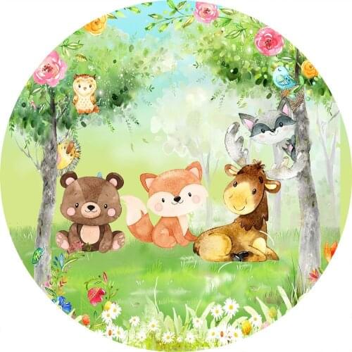 Safari party Animals Circle Round Backdrop cover Woodland Birthday Photography Background Wild one Photocall Party Decoration