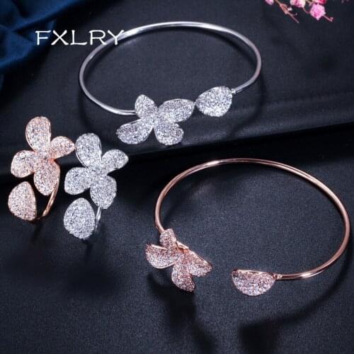 FXLRY New Arrival Rose Gold/White Color Cubic Zirconia Flower Leaf Cuff Adjustable Size Bangle Bracelet and Ring Sets for Women