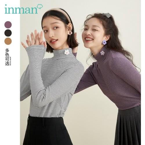 INMAN Autumn Winter Top women Classic Stripes Slim Elastic Cloth Half High Collar Design Long Sleeve Casual T-Shirt