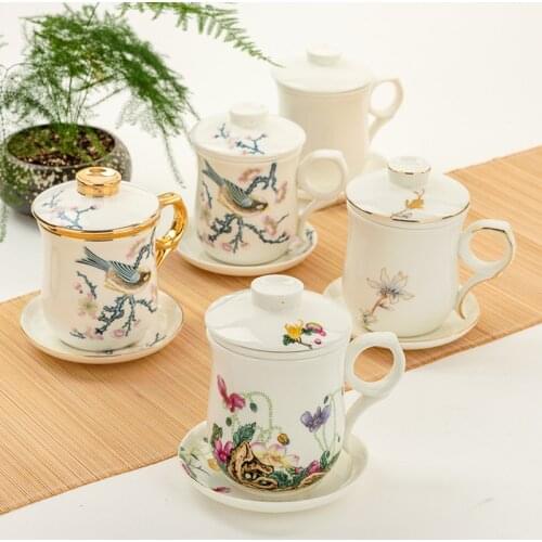 Creative Bone China Tea Cup with Lid and Filter Office Drinkware Ceramic Hand Painted Strainer Teacup Home Kung Fu Water Mug