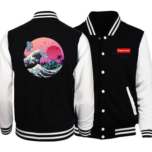 The Great Retro Wave Japan Anime Vaporwave Baseball Men Jackets Coat Winter Autumn Fleece Black White Sportswear Streetwear Mens