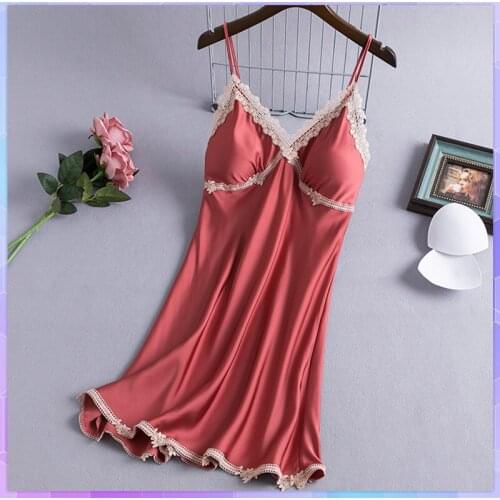 Summer Sexy Lace Nightdress Women V Neck Sleepwear With Chest Pad Ice Silk Dresses Female Nightgown Temptation Home Clothes