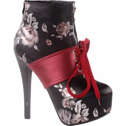 LF80857 SHOW STORY Retro Black Red Two Tone Flower Print Lace-Up Zip Platform Stiletto Ankle Bootie Boot