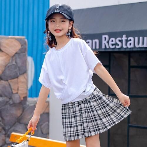 New Girls' Suits Korean Childrens Two-piece Solid Color Short-sleeved T-shirt+plaid Skirt In Summer Baby Girl Clothes