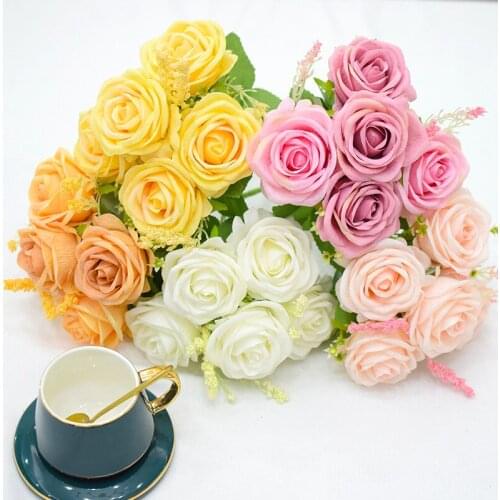 Plastic Flowers Retro Artificial Rose High Quality Fake Eucalyptus Autumn Bouquet Christmas Wedding Home Living Room Decor DIY