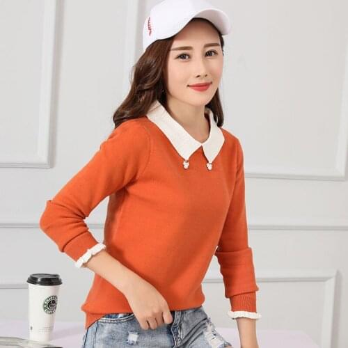Spring Autumn Style Women Knitted Pullover Tops Lady Casual Peter Pan Collar Long Sleeve Patchwork Sweater Pullover ZZ1004