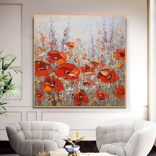 Hand Painted Abstract Red Flowers Landscape Oil Painting On Canvas Thick Oil Wall Art Pictures For Living Room Home Decoration