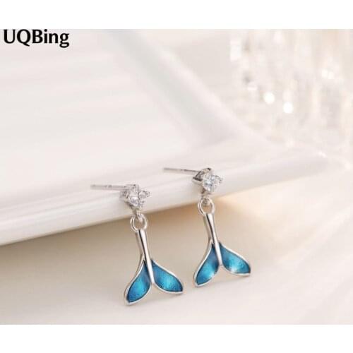 925 Sterling Silver Cubic Zirconia Blue Fish Tail Stud Earrings Pure 925 Silver Earrings Brincos Pendientes de plata