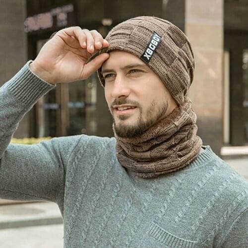 Beanie Hat Scarf Set Autumn Winter Fluffy Knitted Cap Neck Warmer Headwear European Mens Knitted Cap