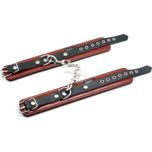 Smspade dark brown leather bondage restraints handcuffs for couples, soft padded shiny strap wrist cuffs sex adult products