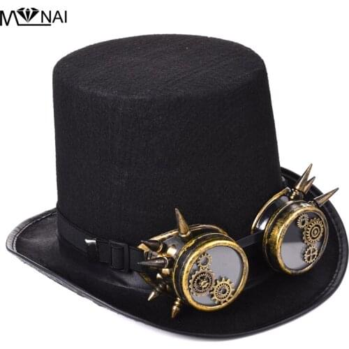 Vintage Men Women Steampunk Top Hat Gears Studs Goggles Cosplay Costume Gothic Hat With Glasses Punk Accessories
