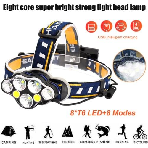 Waterproof Headlight Head Torch 8x T6 LED USB Rechargeable Headlamp for Hiking Fishing Hunting Camping Outdoor Accessories