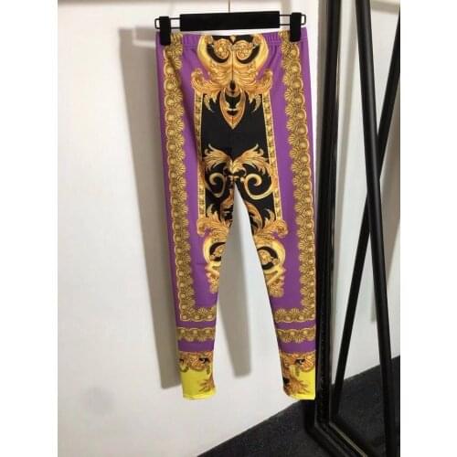 2021 New Fashion Runway Design vintage golden floral printed elastic waist slim leggings women high waist street leggings y554