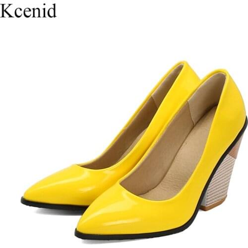Kcenid Patent leather women pumps yellow spring shoes women wedge high heels comfortable female office work shoes women 2020 new