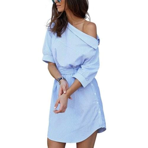 Women Dress Sexy 2021 Fashion One Shoulder Blue Striped Elegant Half Sleeve Waistband Casual Beach Dresses Vestidos KF001