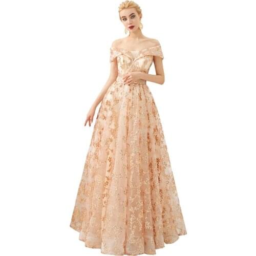 In Stock Champagne Tulle with Printed Off the Shoulder Lace Up Evening dresses long Abendkleider Formal dress Vestido de noche