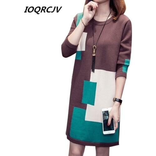 Women Plus Size Turtleneck Sweater Dresses 2019 Elegant Spell Color Knitted Long Sleeve Dress Autumn Femme Long Casual Tops L111