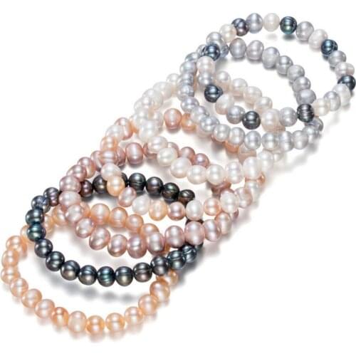 Fashion Elegant Classic Elastic Off Round Real Natural Freshwater Pearl 7-8MM Bracelet 1PCS