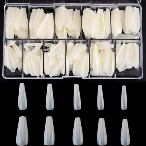 500pcs/Box Coffin Stiletto Fake Nails Tips Clear Natural White Full Cover French Ballerina Artificial Fingernails Press on Nail