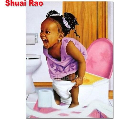 5D DIY Cross Stitch Diamond Painting African little girl on the toilet Diamond Embroidery Mosaic cartoon Bathroom wall decor