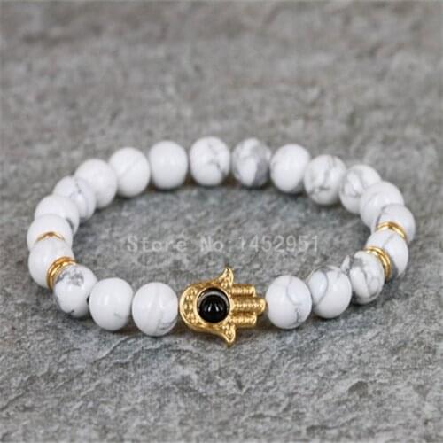 8MM White Energy Stone Beads Handmade Hamsa Men Bracelet Palm Charm Hand Of Fatima Women Bracelet Statement Jewelry Gift