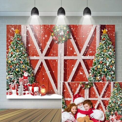Red Wood Door Photography Backdrop Kids Christmas Portrait Family Photo Gift Box Decor Child Baby Snowy Scene Tree Photostudio