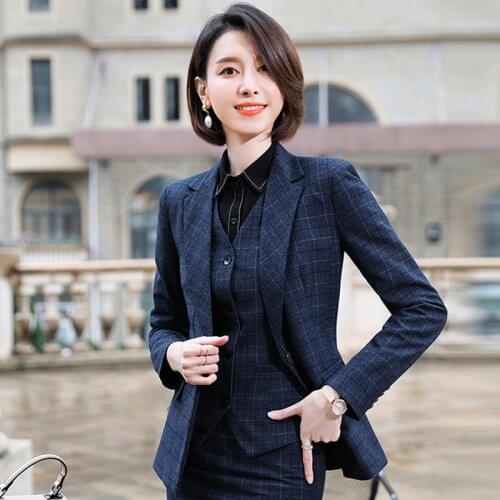 IZICFLY Autumn Spring Professional Plaid Uniform Business Suits with Trouser Elegant Slim Office Blazer Set For Women Work Wear