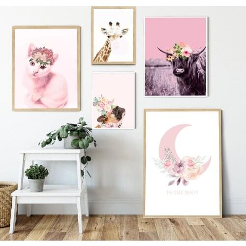 Pink Cat Giraffe Cow Moon Child Poster Nursery Print Animal Wall Art Canvas Painting Nordic Kid Baby Room Decoration Pictures