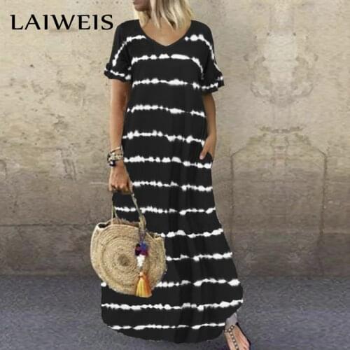 LAIWEIS White Striped Printed Loose Women Robe Summer Dress Short Sleeve V-neck Big Swing Long Dress Pocket Women Dress S-2XL
