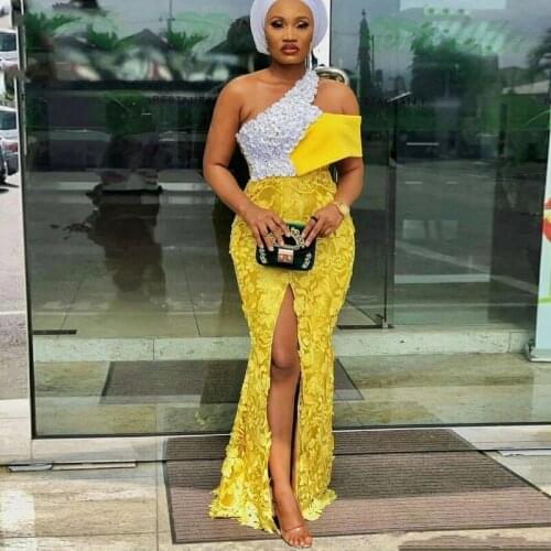 LORIE Gold Nigerian Evening dresses for Women One Shoulder South Africa Formal Long Mermaid Plus Size Prom Gowns Free Shipping