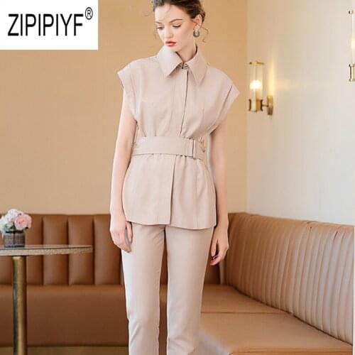 Sweet Girls Fashion 2019 Autumn Women Sets Turn Down Neck Short Sleeve Slim Waist Sashes Coats Top Cropped Skinny Pants Z2454