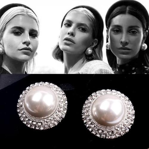 Mimiyagu trendy big round crystal pearl stud earring for women party jewelry