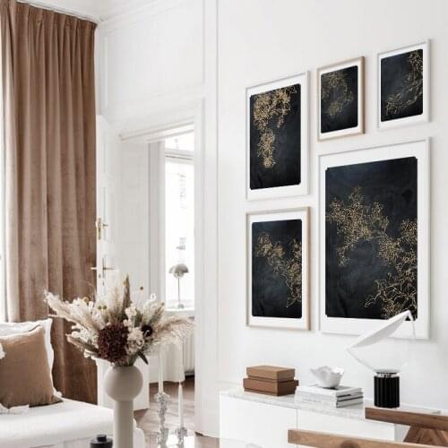 Minimalist Abstract Black Golden Flower Poster Canvas Print Painting Modern Luxury Wall Art Picture for Living Room Home Decor