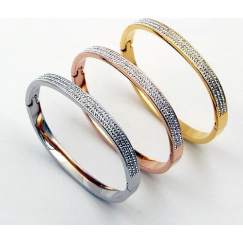 Fashion Stainless Steel Better Round Three Row Crystal Bangle Bracelet Rose Gold Color Woman Female Party Wedding Gift