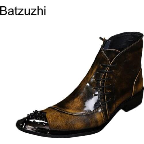Batzuzhi Western Men Ankle Boots Pointed Iron Toe Short Boots Men Bronze Motorcycle Boots for Men! Big Size 38-46