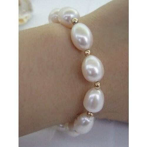 NATURAL 9X13MM SOUTH SEA GENUINE WHITE PEARL BRACELET 14K/20 GOLD CLASP